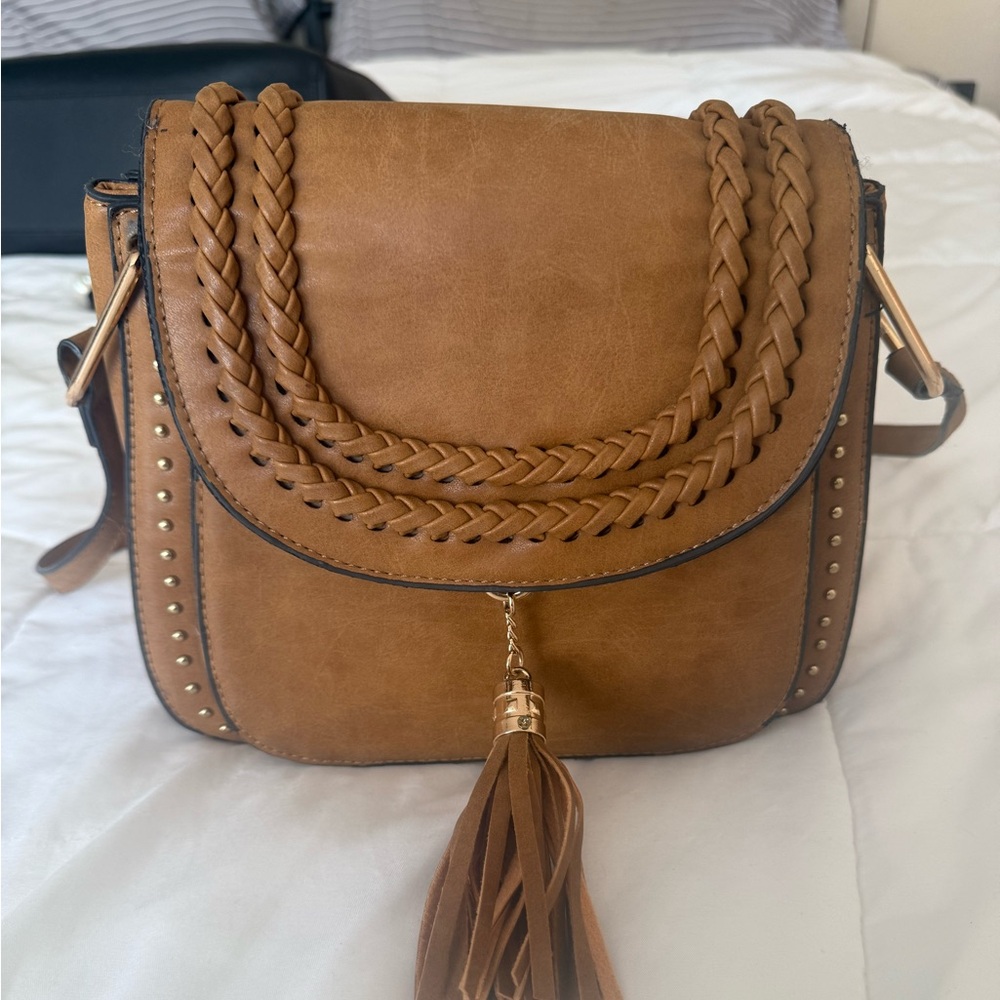 Tan Crossbody Bag with Braided Detail & Tassel